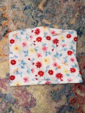 PacSun White Floral Strapless Crop Top with Red, Blue & Yellow Flowers